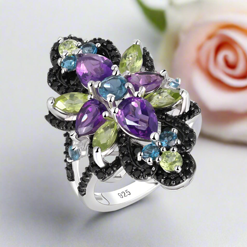 Unique Multicolor Created Gemstones Black Vintage Ring-Black Diamonds New York