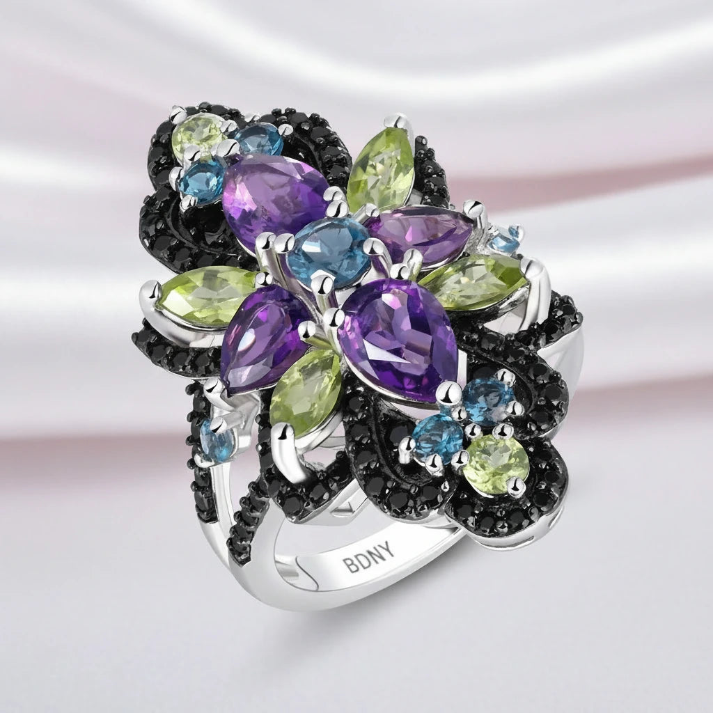 Unique Multicolor Gemstones Black Vintage Ring-Black Diamonds New York