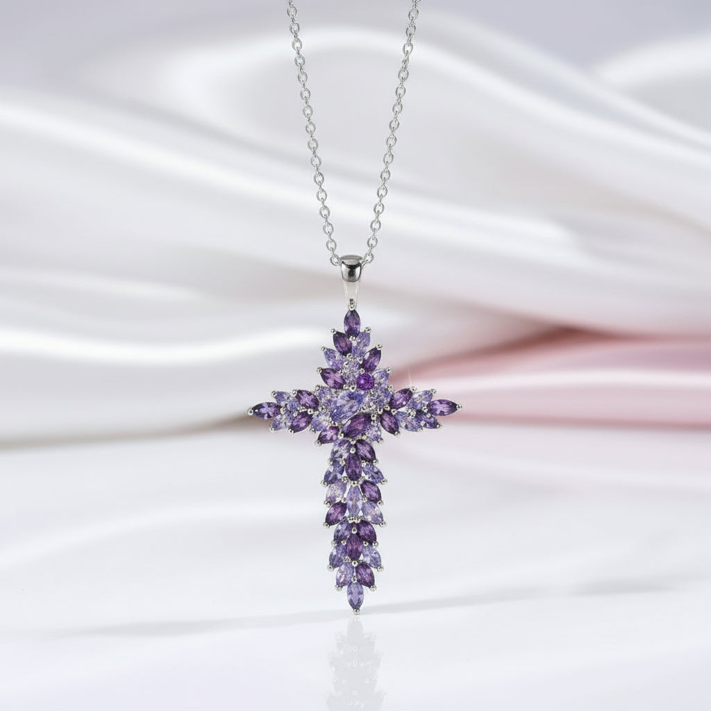 Elegant Amethyst and Tanzanite Marquise-Cut Cross Pendant Necklace-Black Diamonds New York