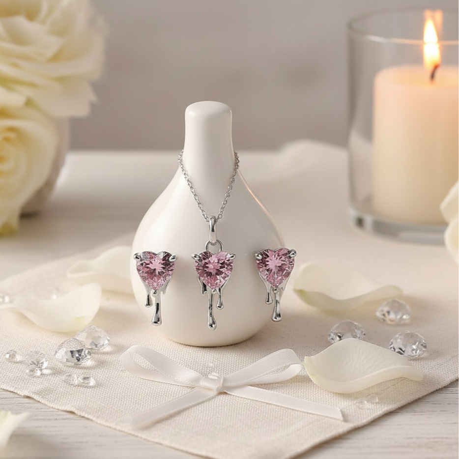 Heart-Cut Diamond with Drip Design Necklace & Earrings Jewelry Set-Black Diamonds New York