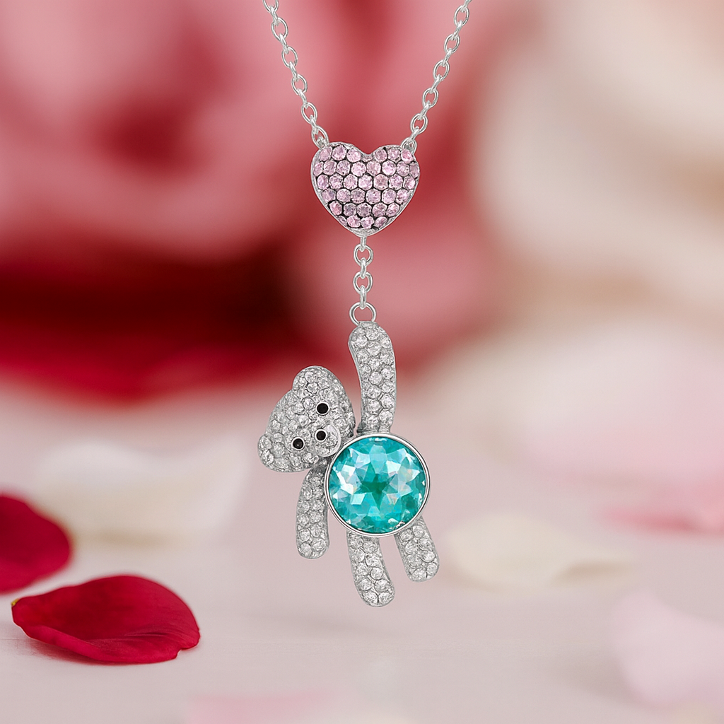 Heart And Cute Bear Pendant Necklace with Pink Diamond-Black Diamonds New York