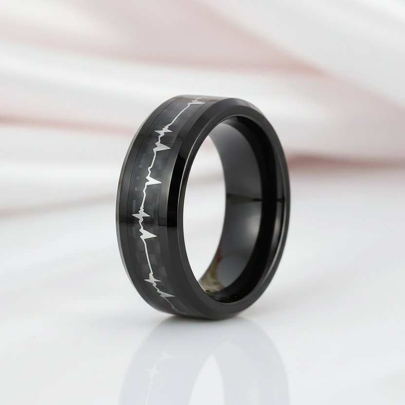 Heart Beat Inlay Men's Tungsten Carbide Wedding Band-Black Diamonds New York