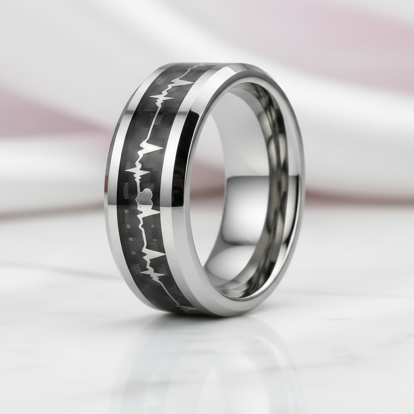 Heart Beat Inlay Men's Tungsten Carbide Wedding Band-Black Diamonds New York