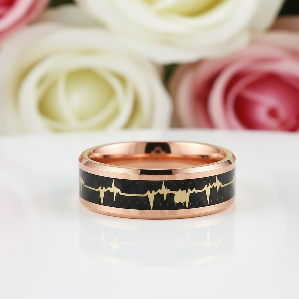 Heart Beat Inlay Men's Tungsten Carbide Wedding Band-Black Diamonds New York