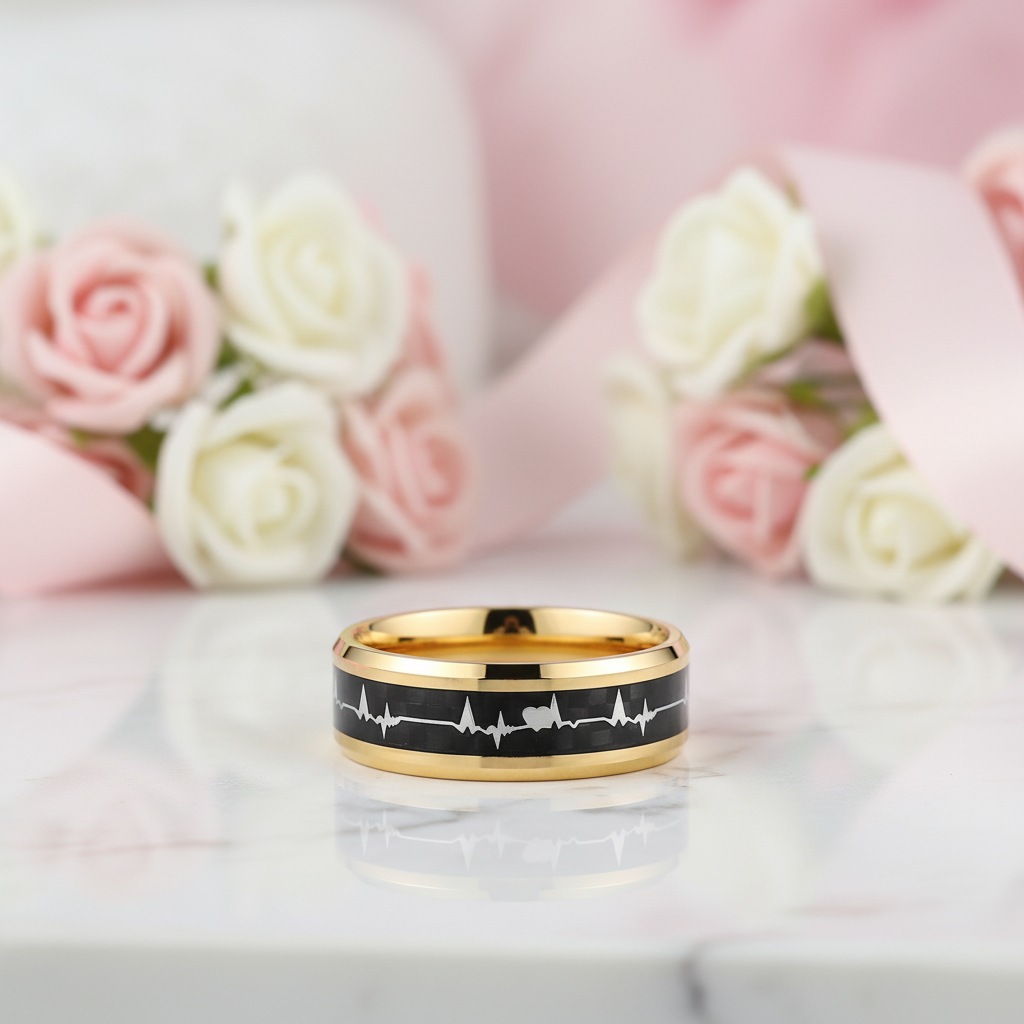 Heart Beat Inlay Men's Tungsten Carbide Wedding Band-Black Diamonds New York