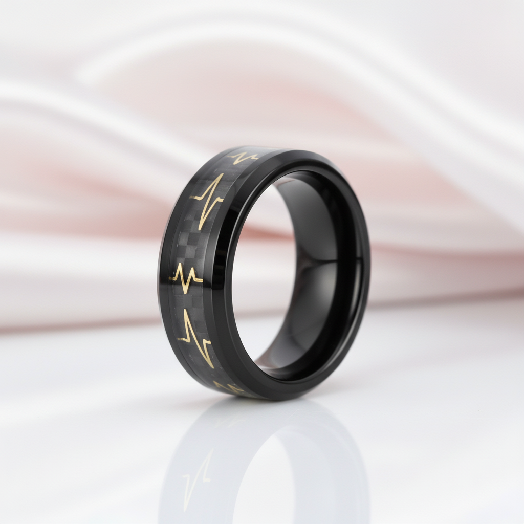 Heart Beat Inlay Men's Tungsten Carbide Wedding Band-Black Diamonds New York