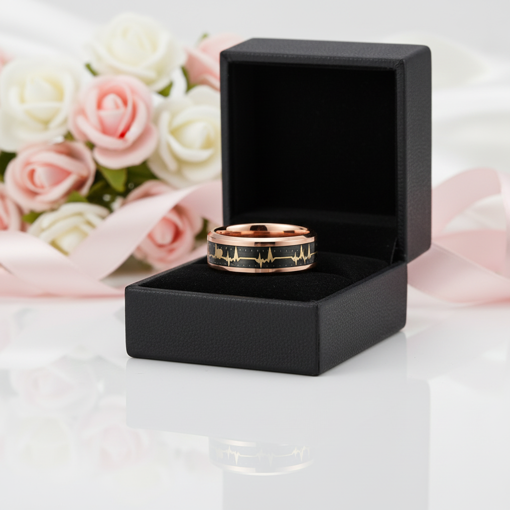 Heart Beat Inlay Men's Tungsten Carbide Wedding Band-Black Diamonds New York