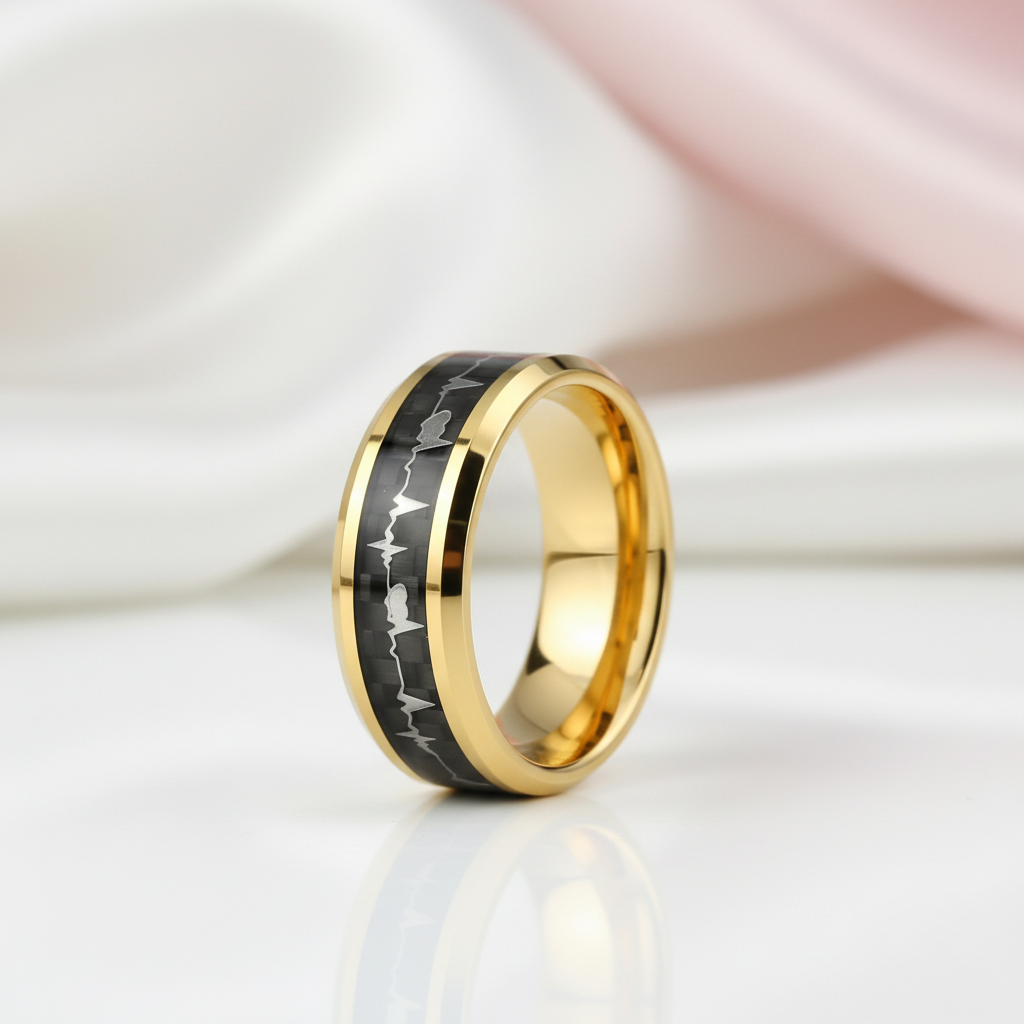 Heart Beat Inlay Men's Tungsten Carbide Wedding Band-Black Diamonds New York