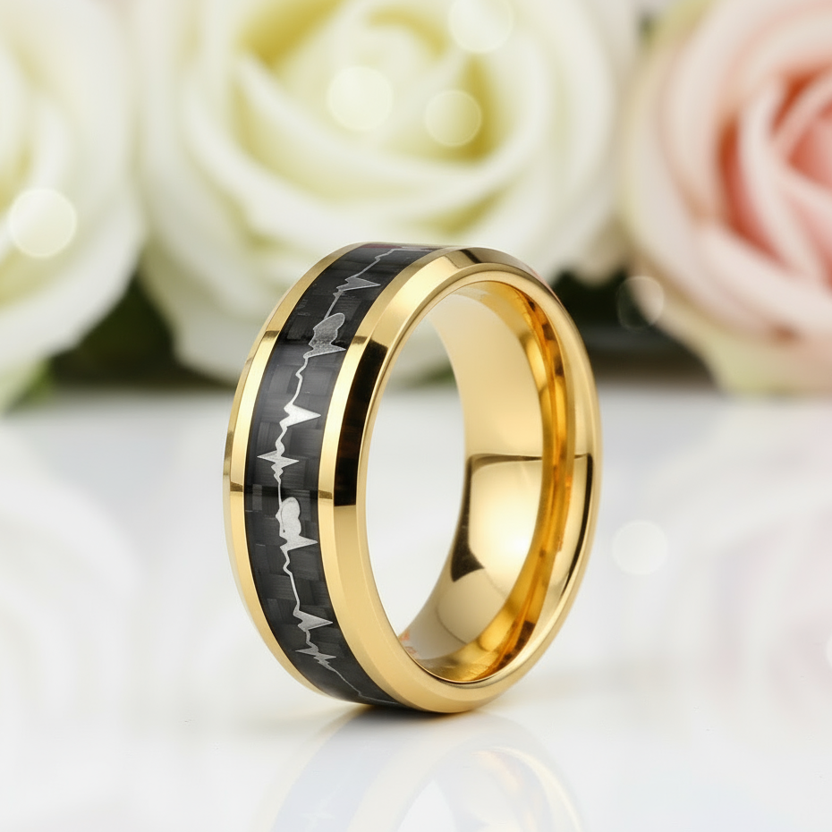 Heart Beat Inlay Men's Tungsten Carbide Wedding Band-Black Diamonds New York