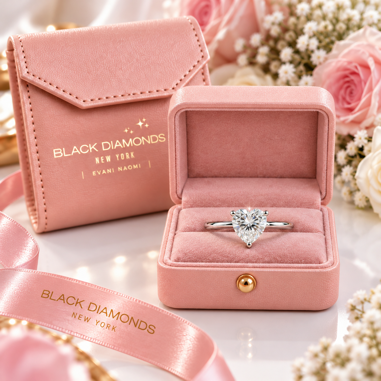 A heart-shaped clear gemstone ring displayed in an open pink velvet jewelry box, with a matching pink branded box and ribbon in the background among soft flowers. Visible brand text on the packaging reads BLACK DIAMONDS NEW YORK.