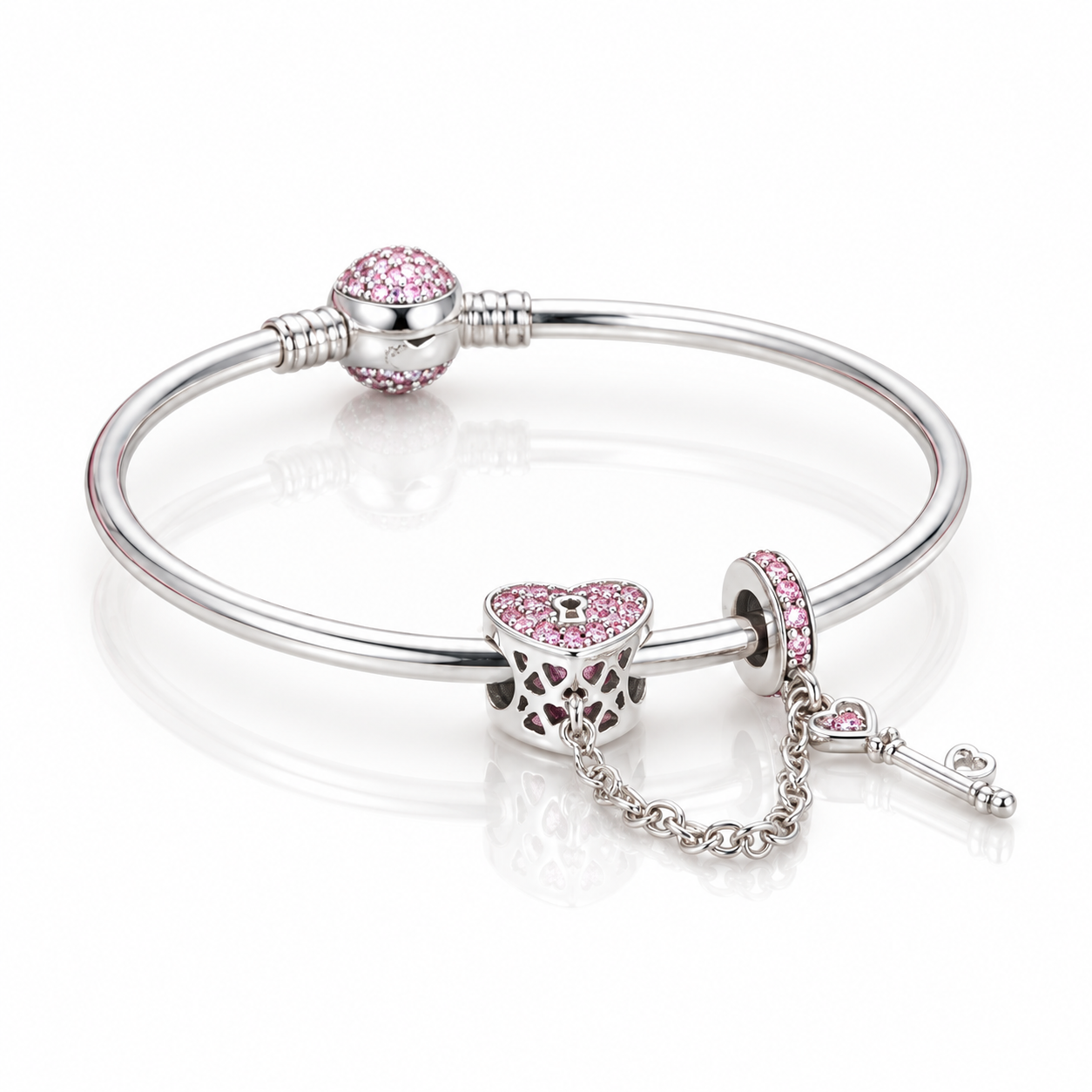 Heart Lock and Key Link Charm Bangle-Black Diamonds New York