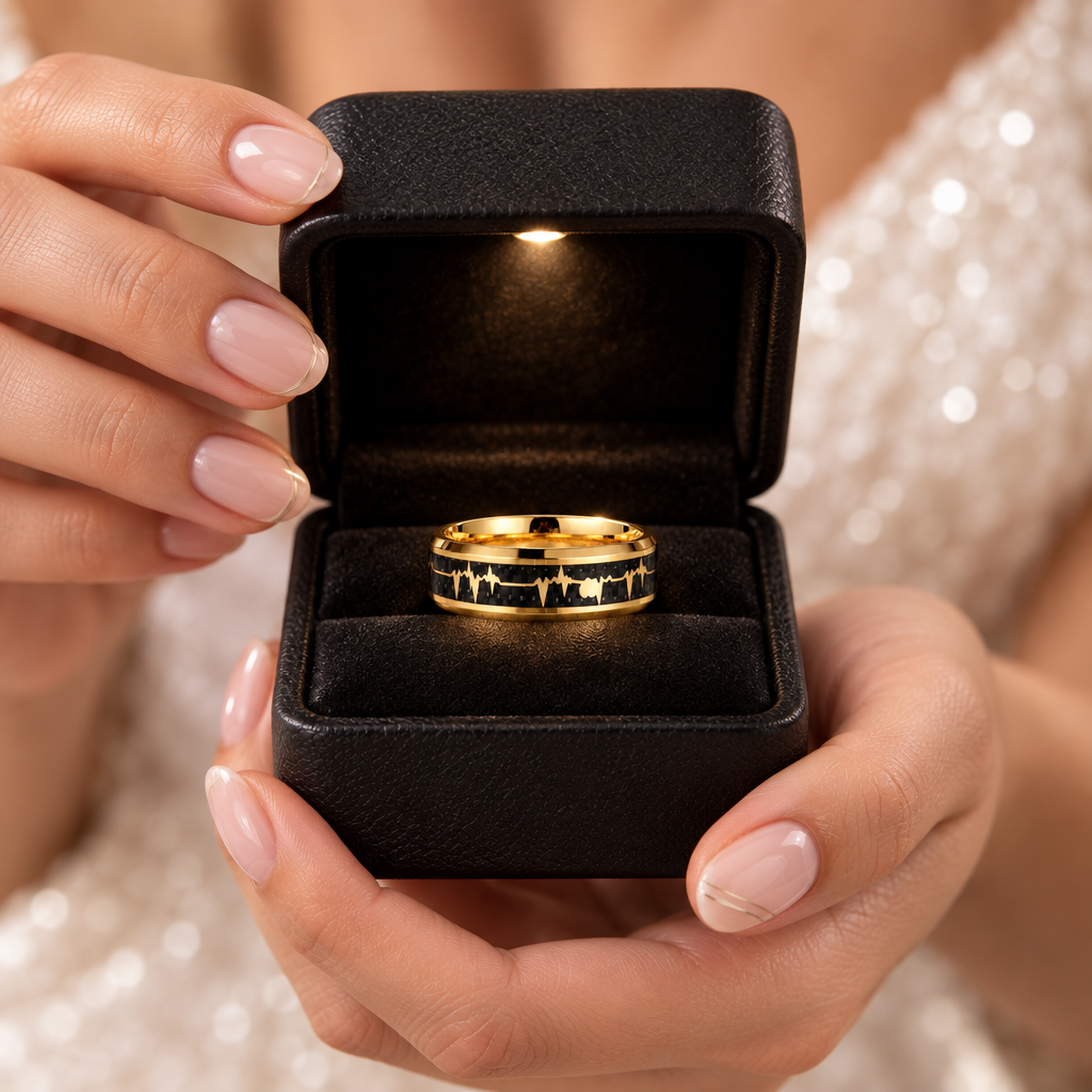 Heart Love Ring with Black Carbon Fiber Inlay Tungsten Men's Ring-Black Diamonds New York