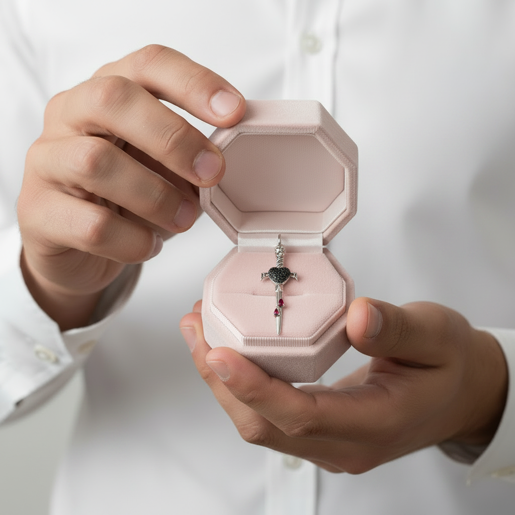 A close-up of a person in a white button-down shirt holding an open light pink jewelry box. Inside the box is a silver-toned pendant with a dark heart-shaped center and small pink gemstone accents.