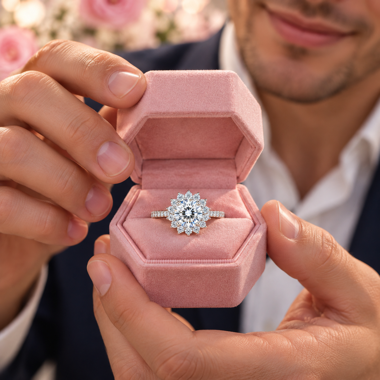 A close-up of a person holding an open pink ring box that displays a diamond ring with a floral halo setting. The person is wearing a navy blue suit jacket and white dress shirt, with soft pink flowers blurred in the background.