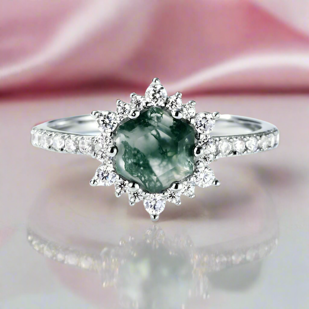 Hexagon Cut Moss Agate Anniversary Ring-Black Diamonds New York