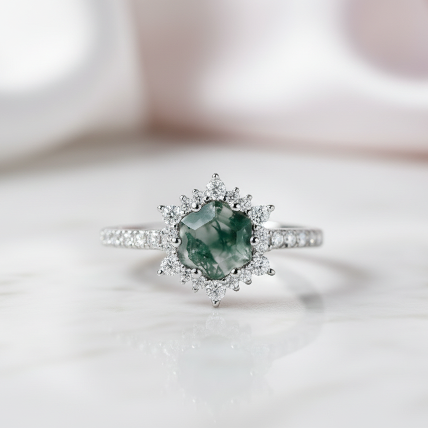 Hexagon Cut Moss Agate Anniversary Ring-Black Diamonds New York