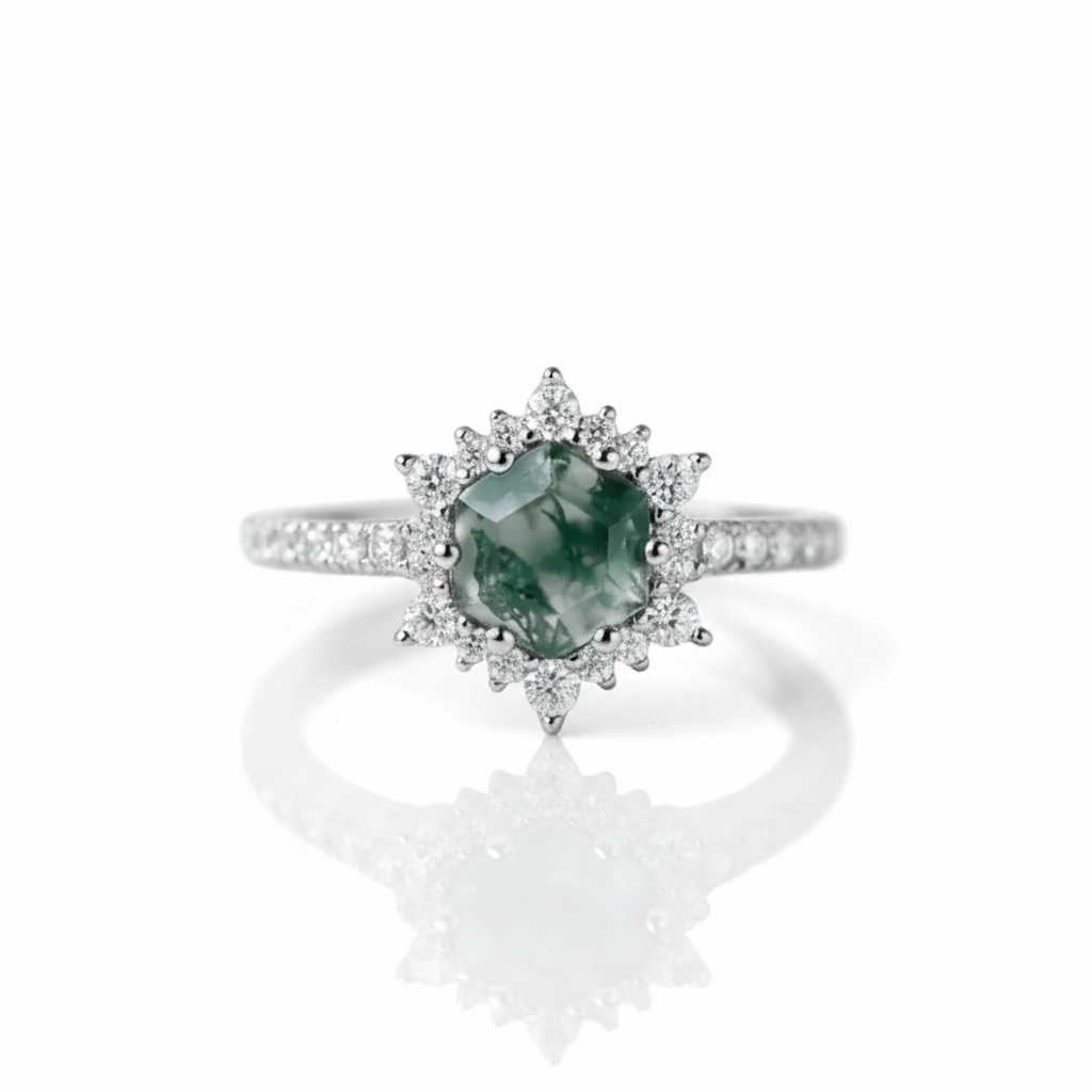 Hexagon Cut Moss Agate Anniversary Ring-Black Diamonds New York