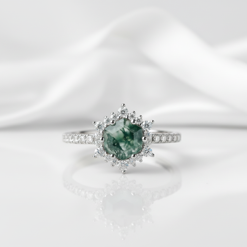 Hexagon Cut Moss Agate Anniversary Ring-Black Diamonds New York
