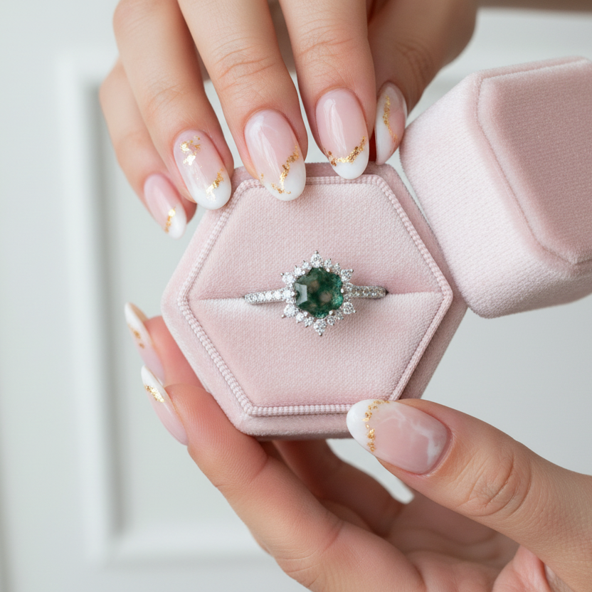 Hexagon Cut Moss Agate Anniversary Ring-Black Diamonds New York