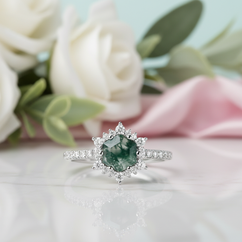 Hexagon Cut Moss Agate Anniversary Ring-Black Diamonds New York