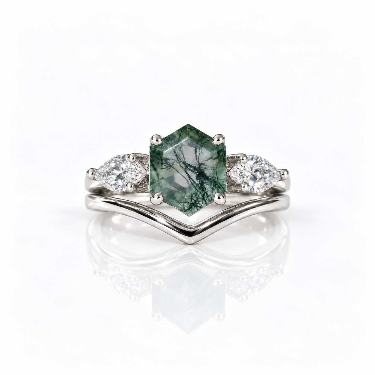 Hexagon Exquisite Moss Agate Engagement Ring Set-Black Diamonds New York