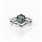 Hexagon Exquisite Moss Agate Engagement Ring Set-Black Diamonds New York