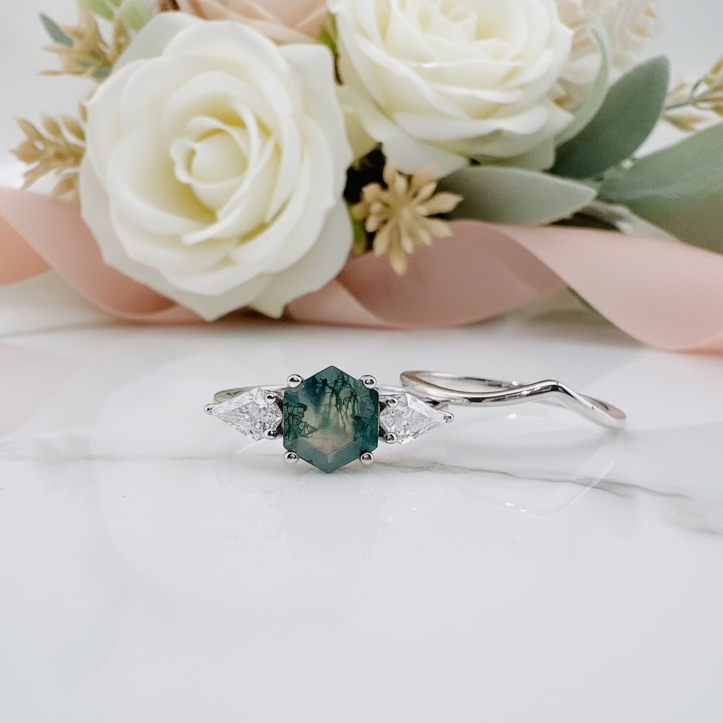Hexagon Exquisite Moss Agate Engagement Ring Set-Black Diamonds New York