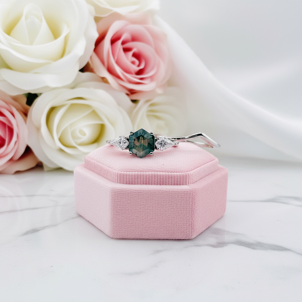 Hexagon Exquisite Moss Agate Engagement Ring Set-Black Diamonds New York