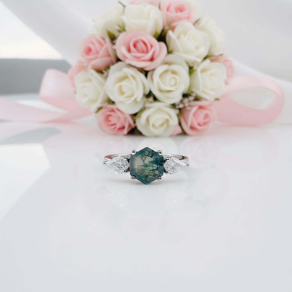 Hexagon Natural Moss Agate Engagement Ring Set-Black Diamonds New York