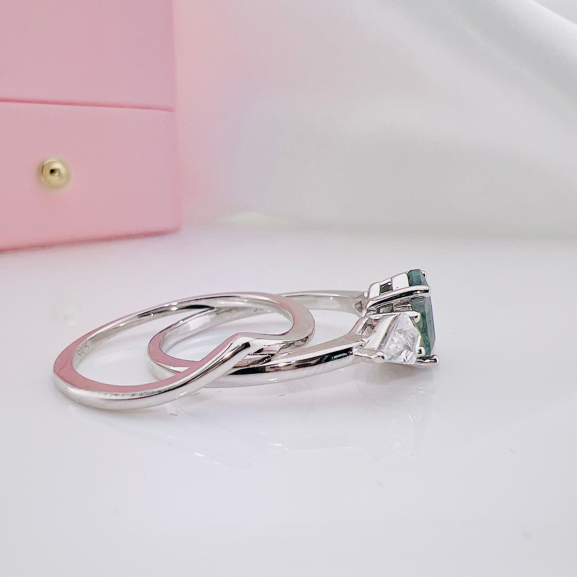 Hexagon Exquisite Moss Agate Engagement Ring Set-Black Diamonds New York