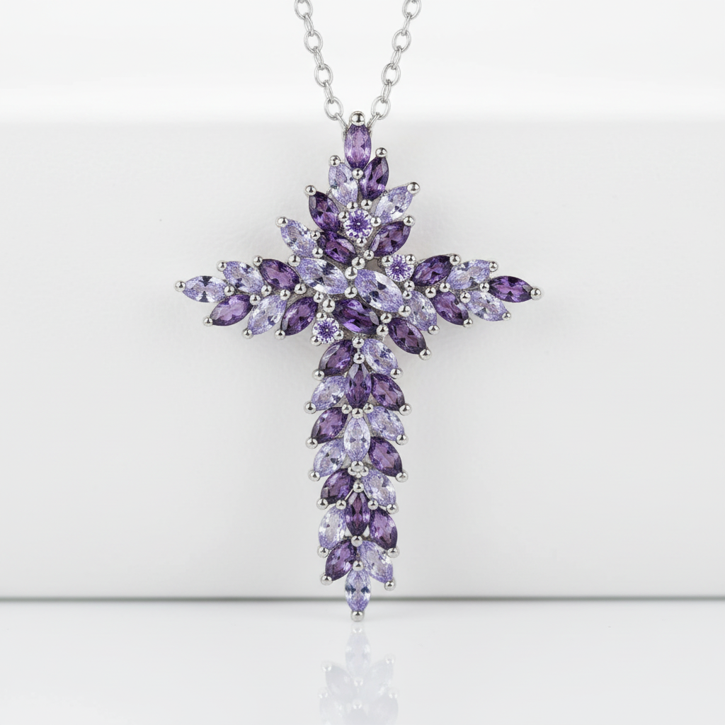 Elegant Amethyst and Tanzanite Marquise-Cut Cross Pendant Necklace-Black Diamonds New York