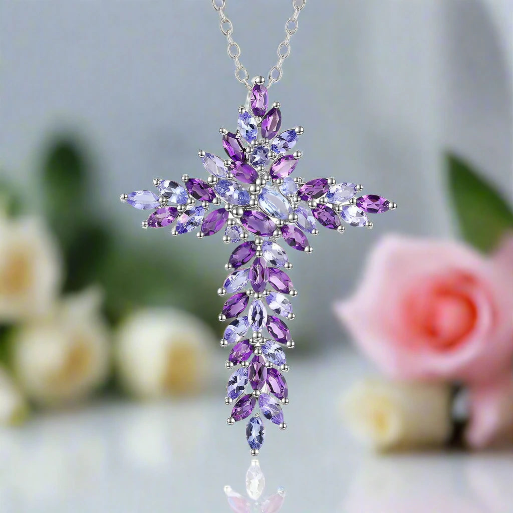 Elegant Amethyst and Tanzanite Marquise-Cut Cross Pendant Necklace-Black Diamonds New York