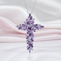 Elegant Amethyst and Tanzanite Marquise-Cut Cross Pendant Necklace
