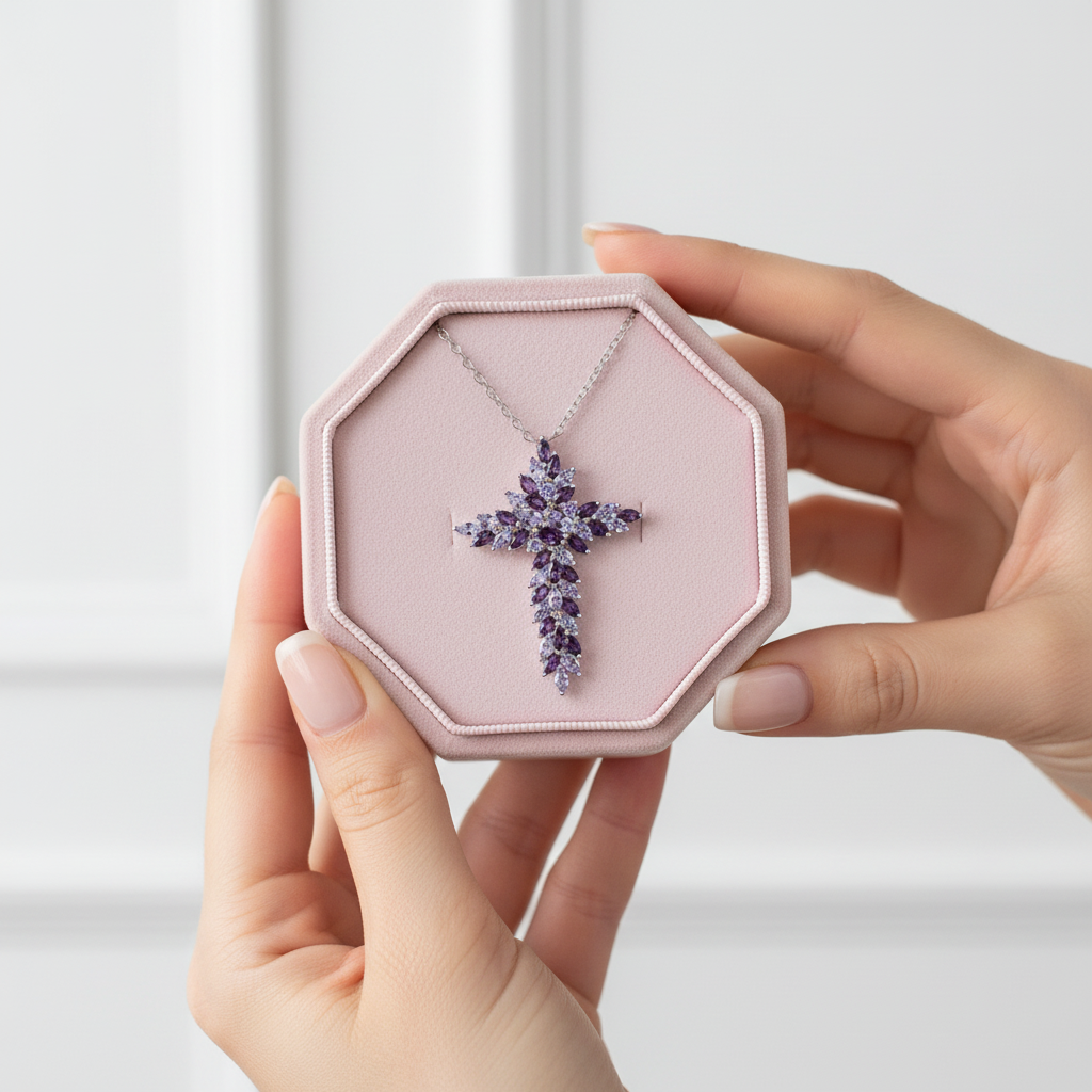 Elegant Amethyst and Tanzanite Marquise-Cut Cross Pendant Necklace-Black Diamonds New York