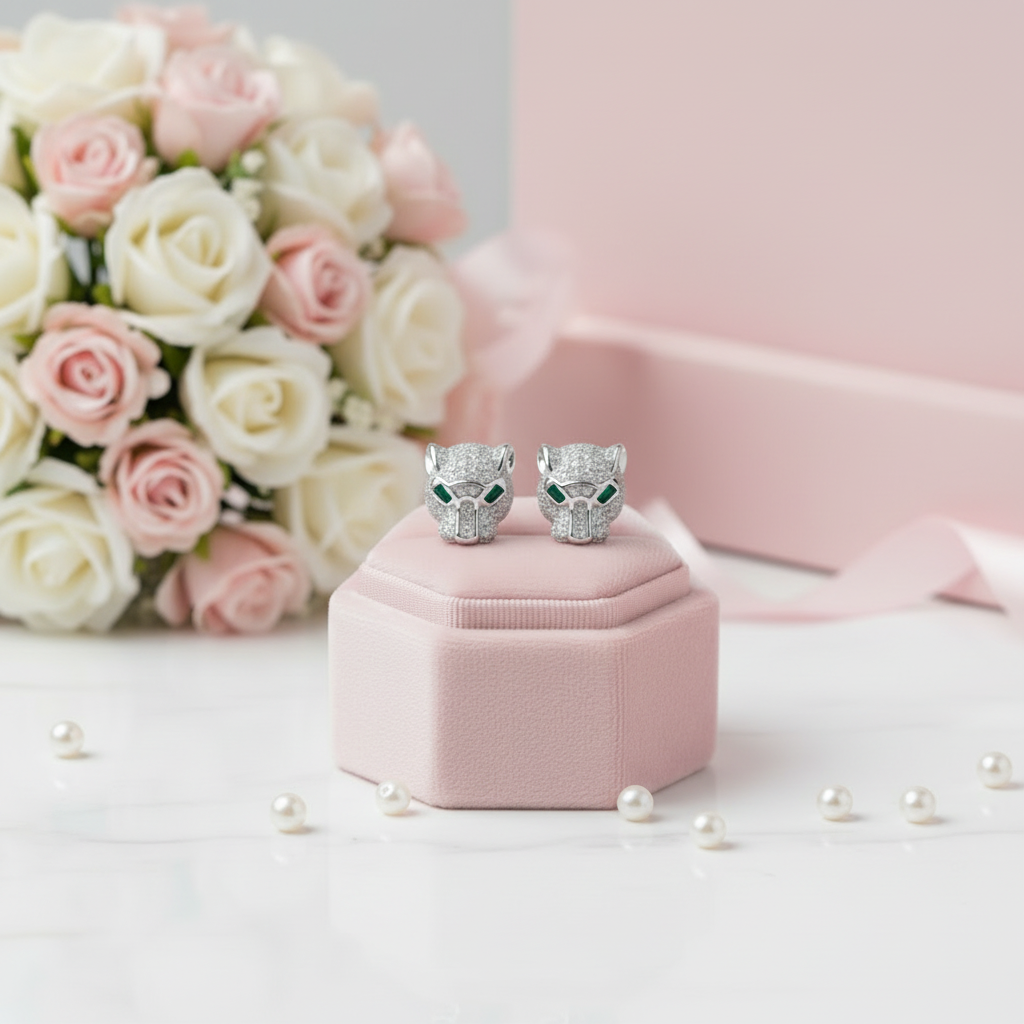 Hollow Leopard Head Diamond Earrings-Black Diamonds New York