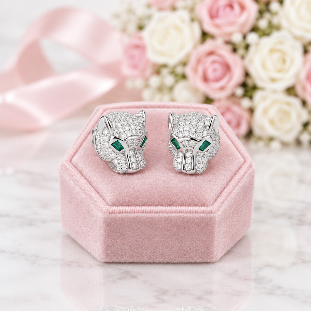 Hollow Leopard Head Diamond Option Earrings-Black Diamonds New York