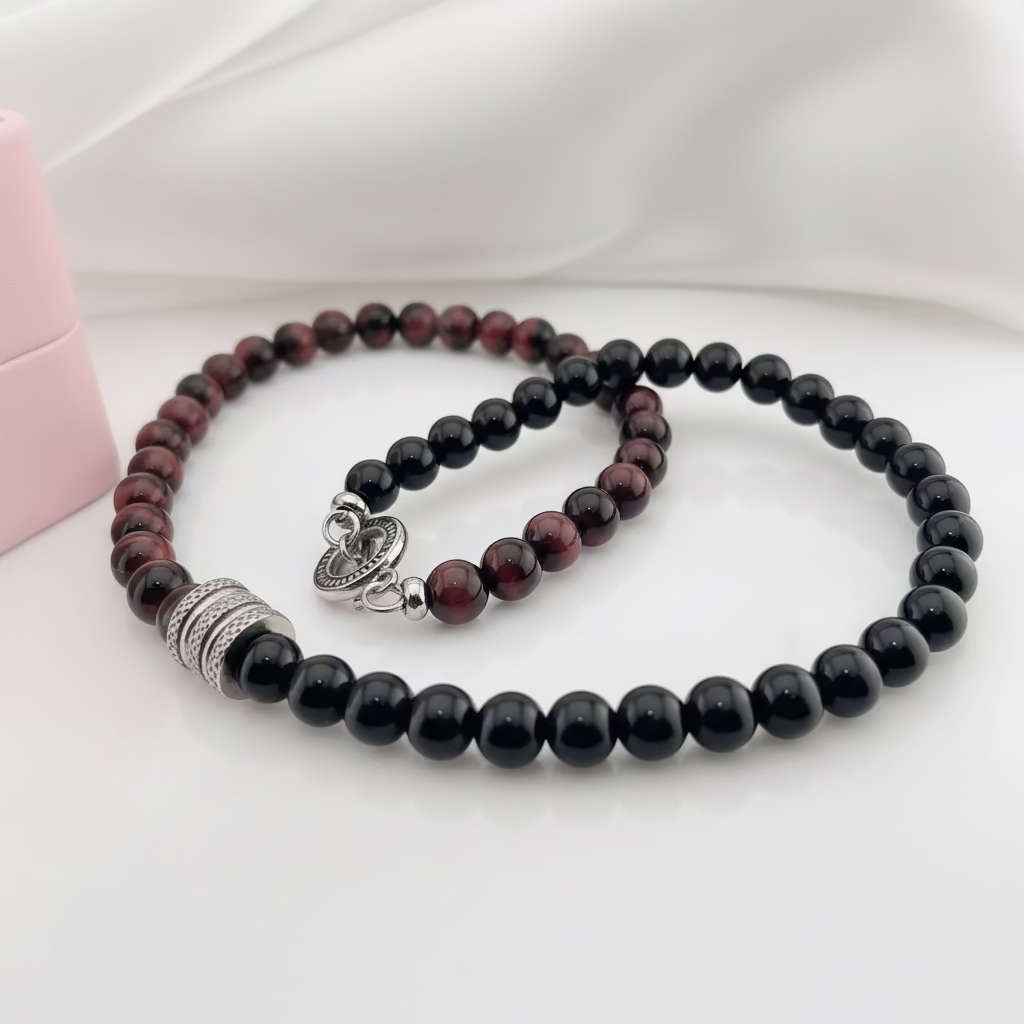 Red Tiger Eyes Bead Men's Necklace-Black Diamonds New York