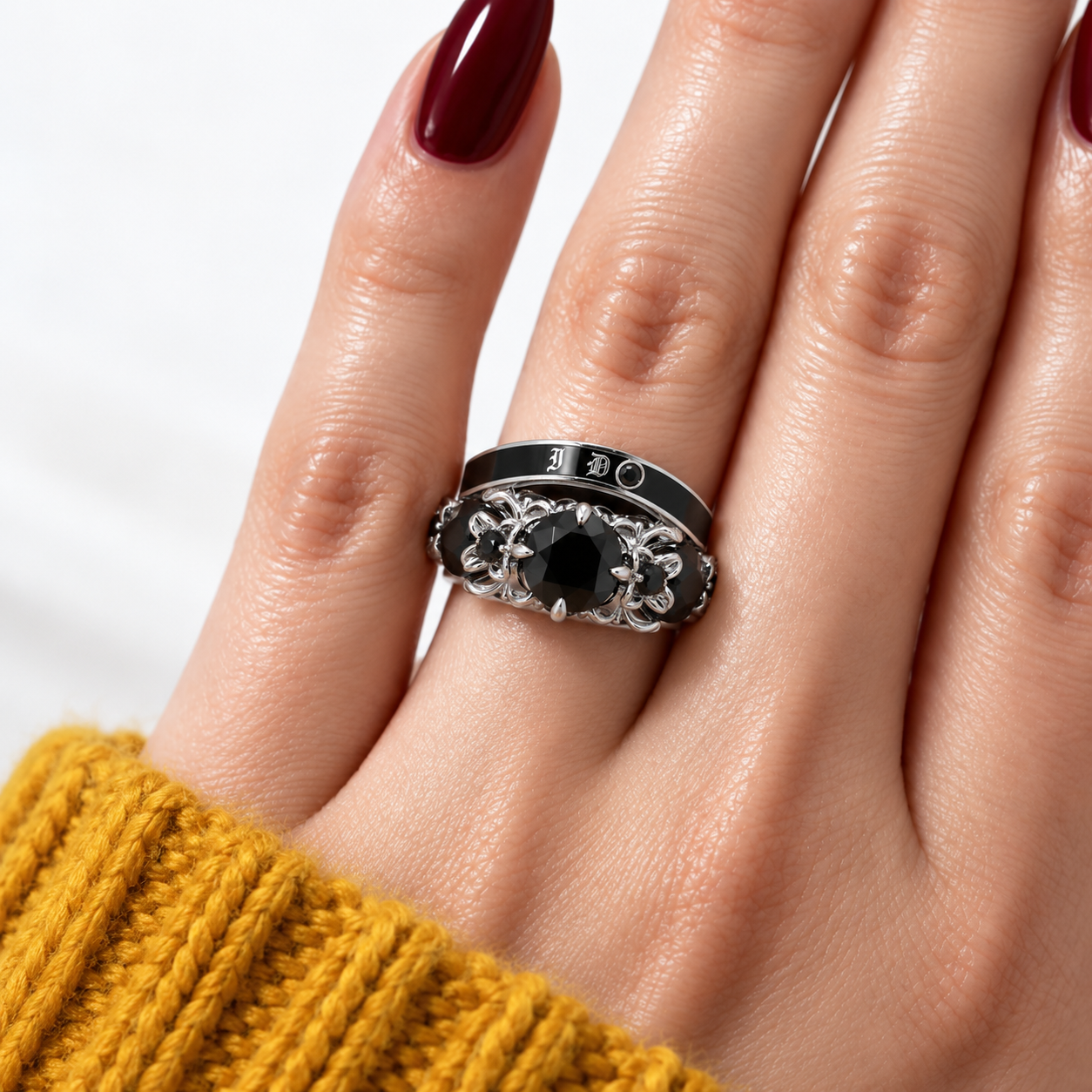 I Do Wedding Rings - 1.5 Ct Round Cut Diamond Option Skull Wedding Rings in 14K White Gold and Black Enamel-Black Diamonds New York