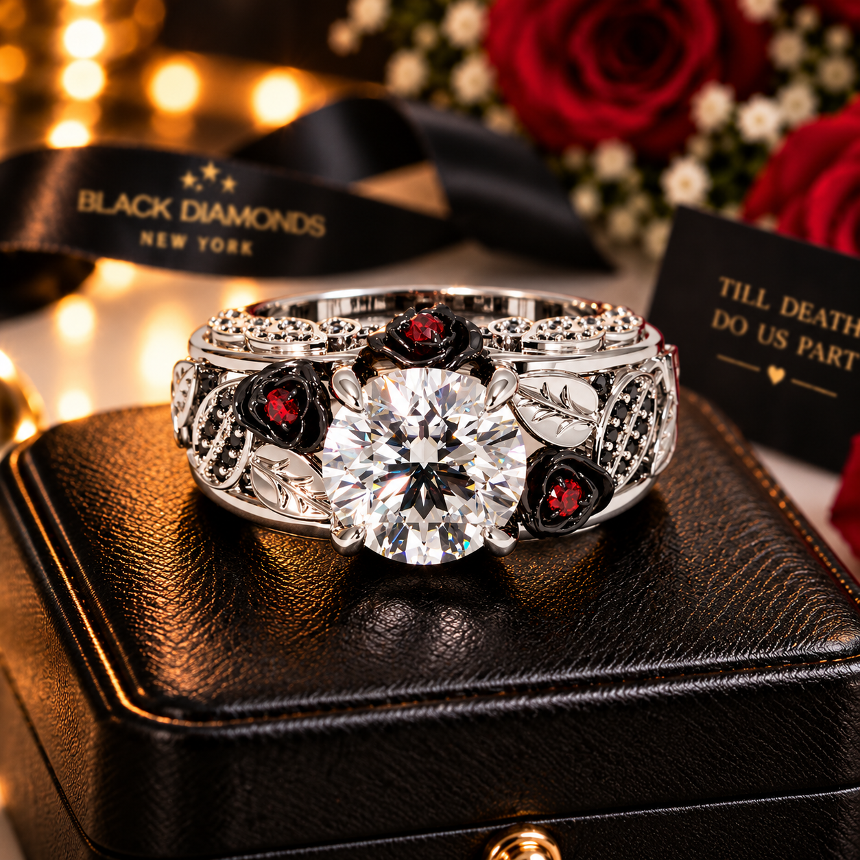 I Want You Promise Ring- 1.5 ct Round Cut Diamond Option and Black Roses Gothic Ring-Black Diamonds New York
