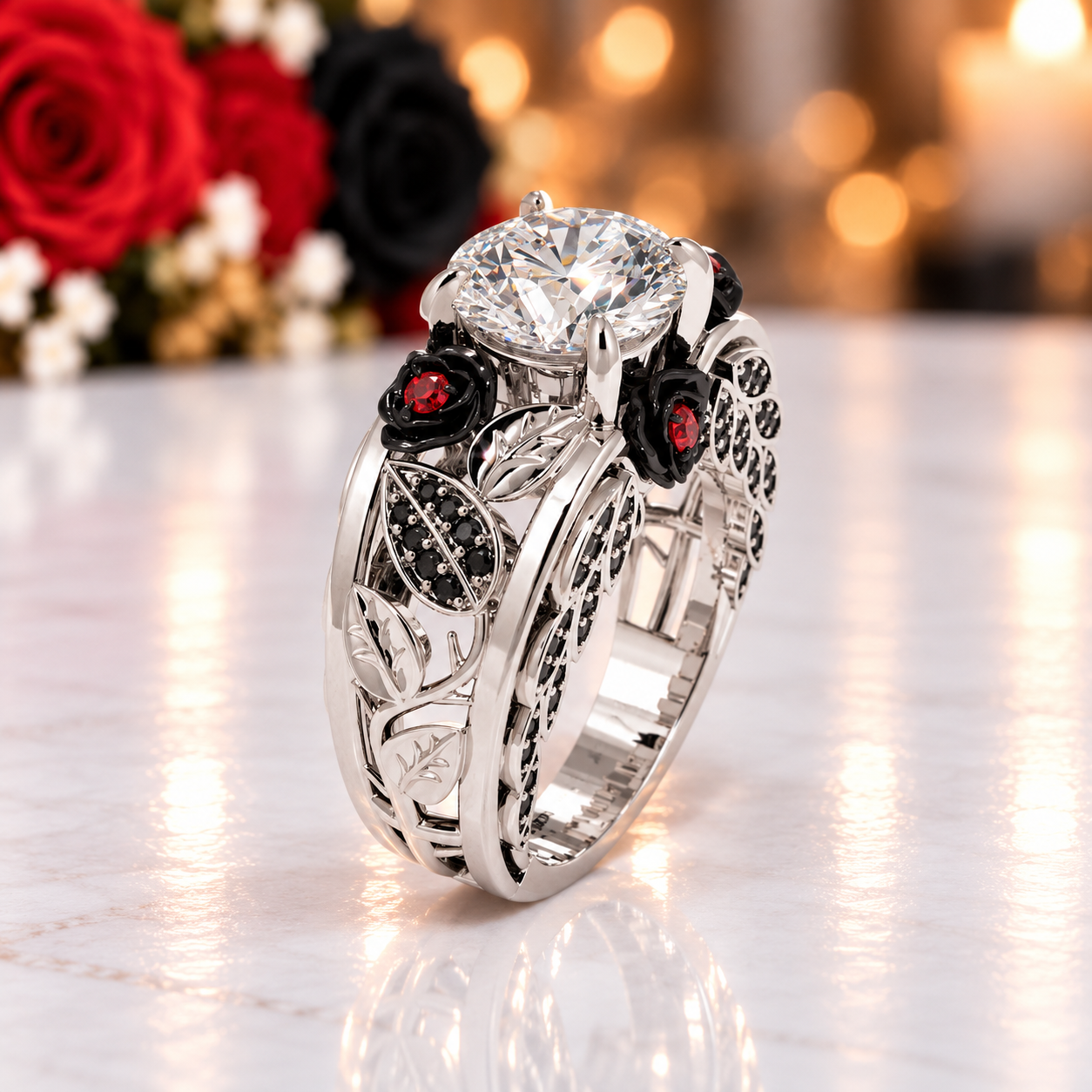 I Want You Promise Ring- 1.5 ct Round Cut Diamond Option and Black Roses Gothic Ring-Black Diamonds New York