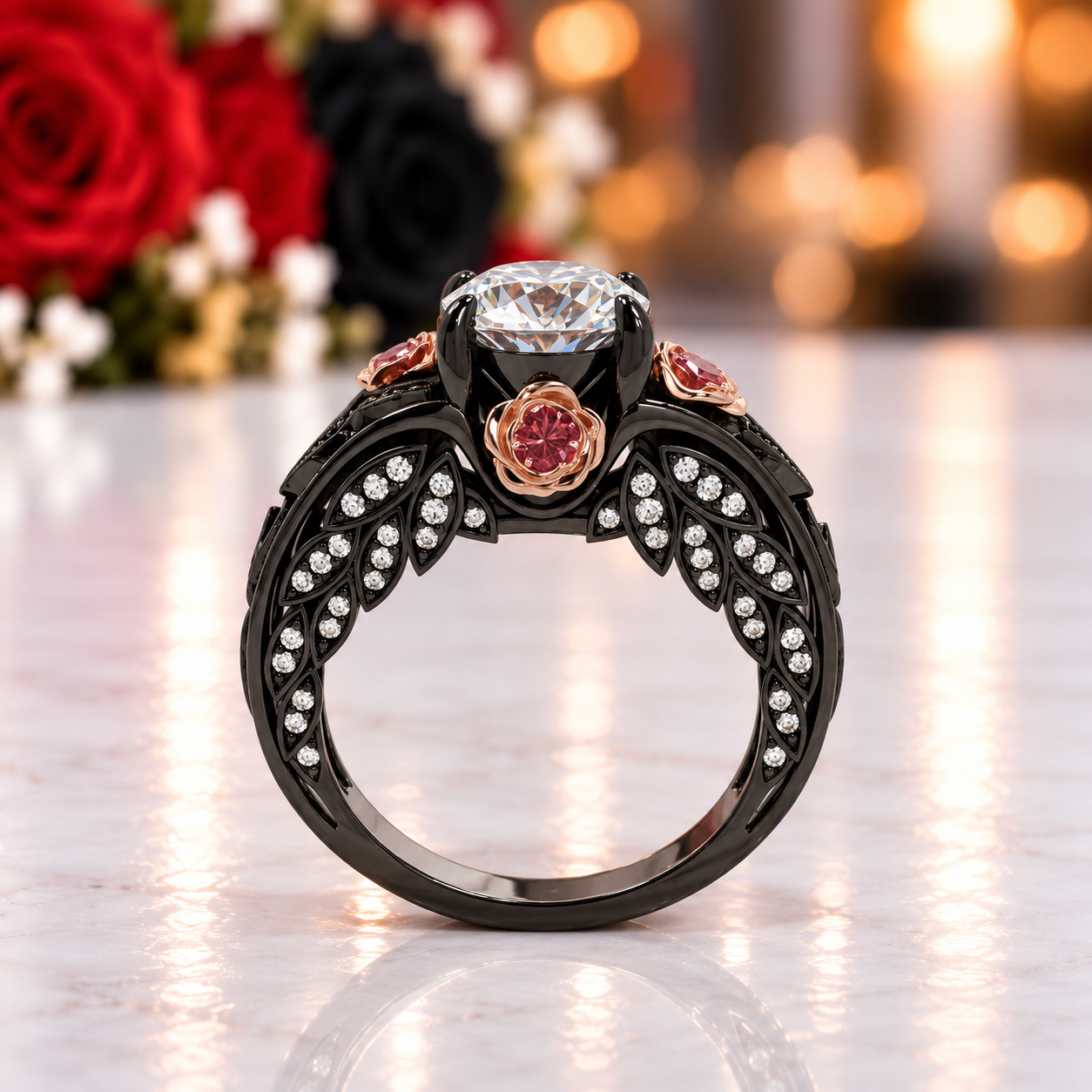 I Want You Promise Ring- 1.5 ct Round Cut Diamond Option and Black Roses Gothic Ring-Black Diamonds New York