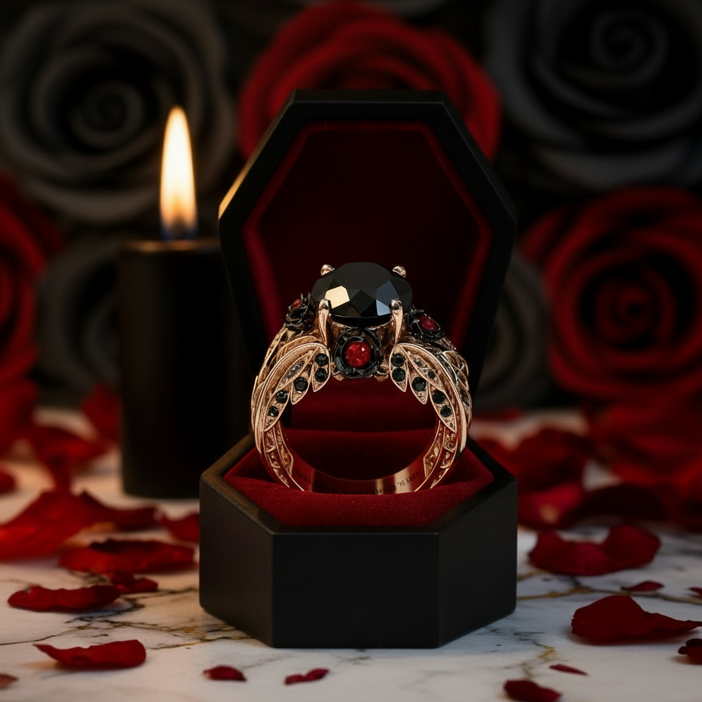 I Want You Promise Ring- 1.5 ct Round Cut Diamond Option and Black Roses Gothic Ring-Black Diamonds New York