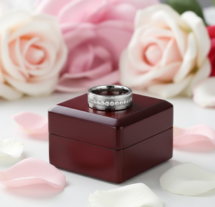 Diamond Inlay Beveled Matte Edges Tungsten Men's Wedding Band-Black Diamonds New York