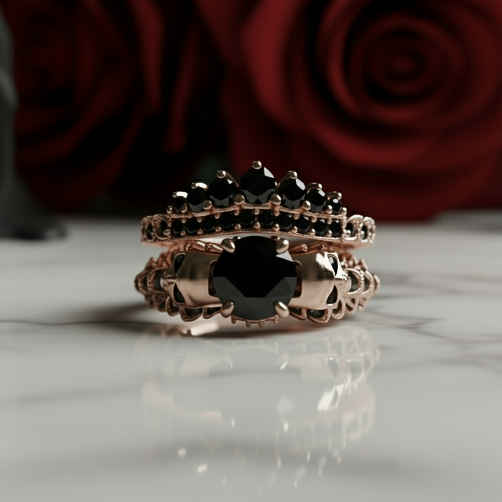 You're My Forever- 1.25 Carat Round Cut Diamond Option Skulls Promise Ring Set-Black Diamonds New York