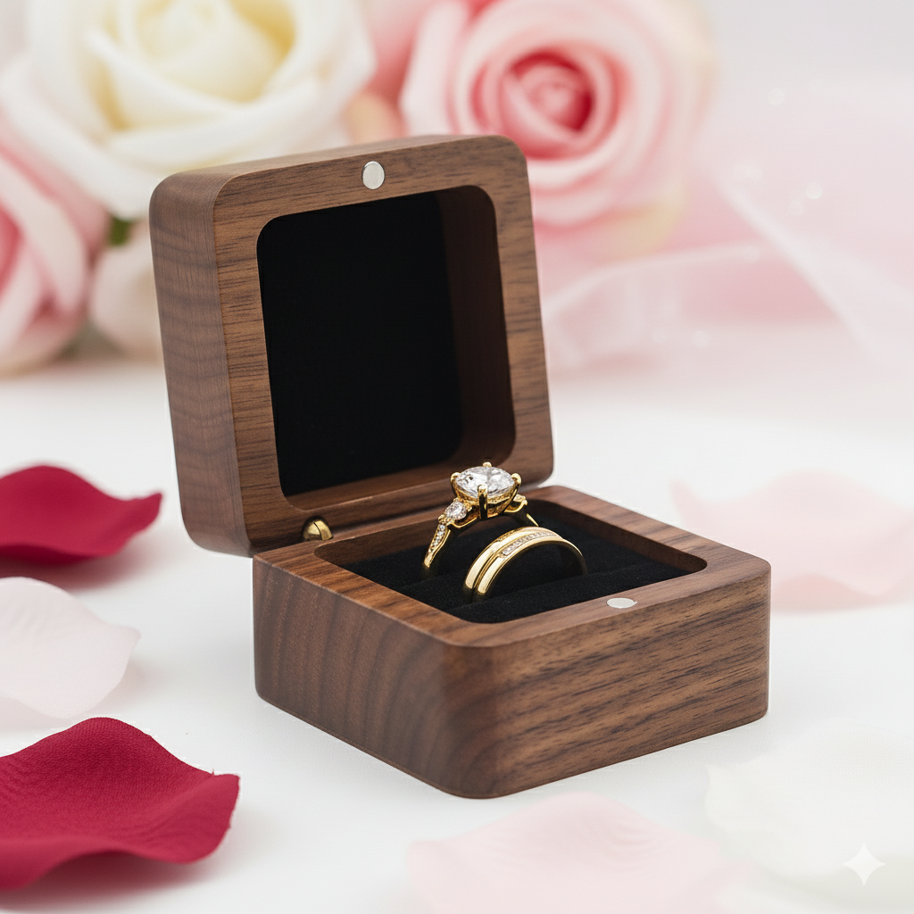 Personalized Wooden Wedding Ring Box Double Slots-Black Diamonds New York