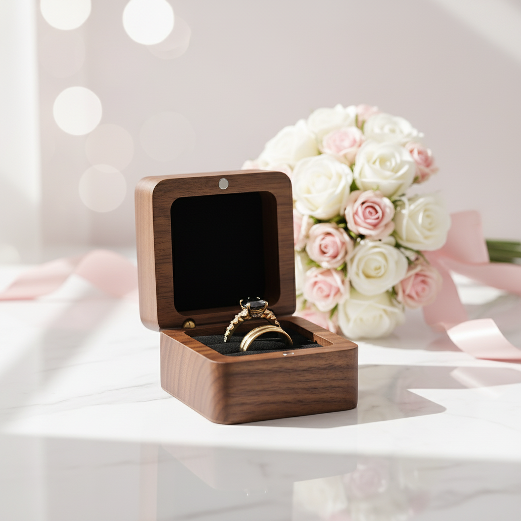 Personalized Wooden Wedding Ring Box Double Slots-Black Diamonds New York