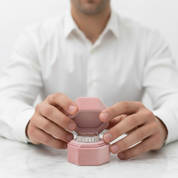 Person holding a pink jewelry box with a ring inside on a white background