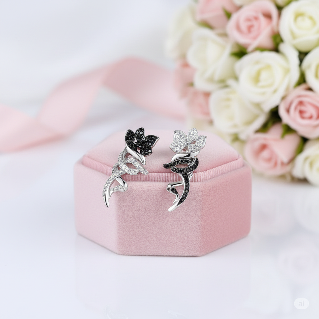 Black and White Diamond Option Flower Clip Earrings-Black Diamonds New York