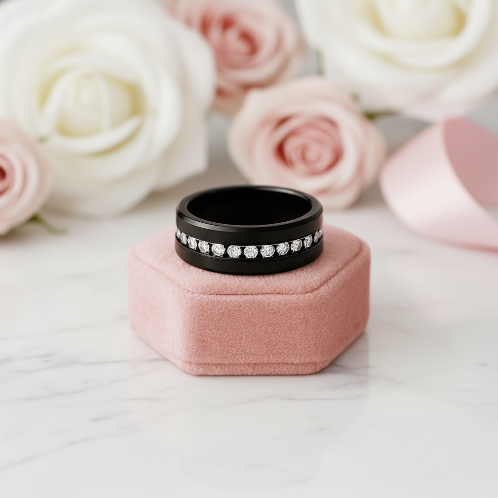 Full Eternity Diamond Option 8mm Black Tungsten Wedding Band-Black Diamonds New York