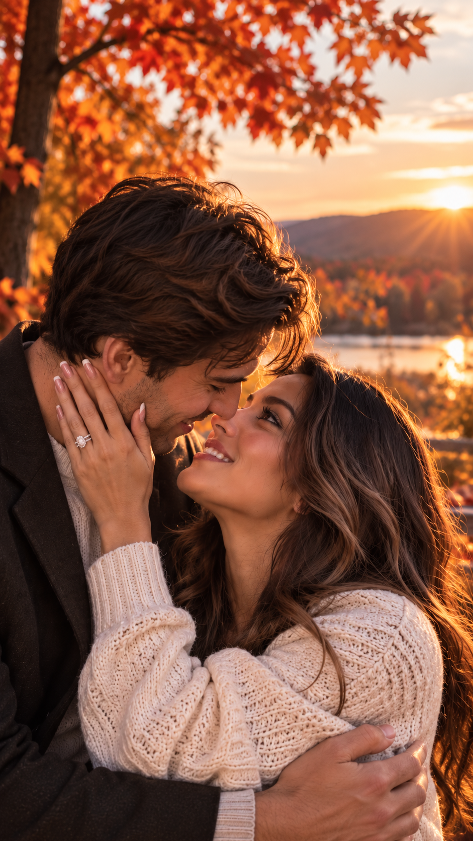 A couple embracing and smiling in an outdoor autumn setting with orange leaves and a sunset over water. The woman wears a cream knit sweater and a ring, and the man wears a dark coat.